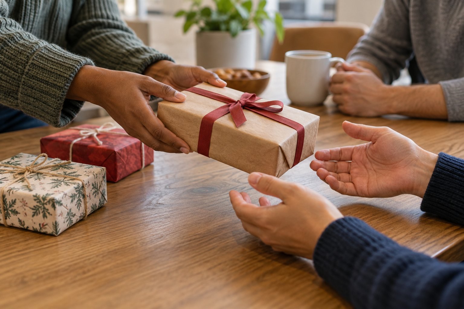 Colleagues exchanging a small wrapped present across a table