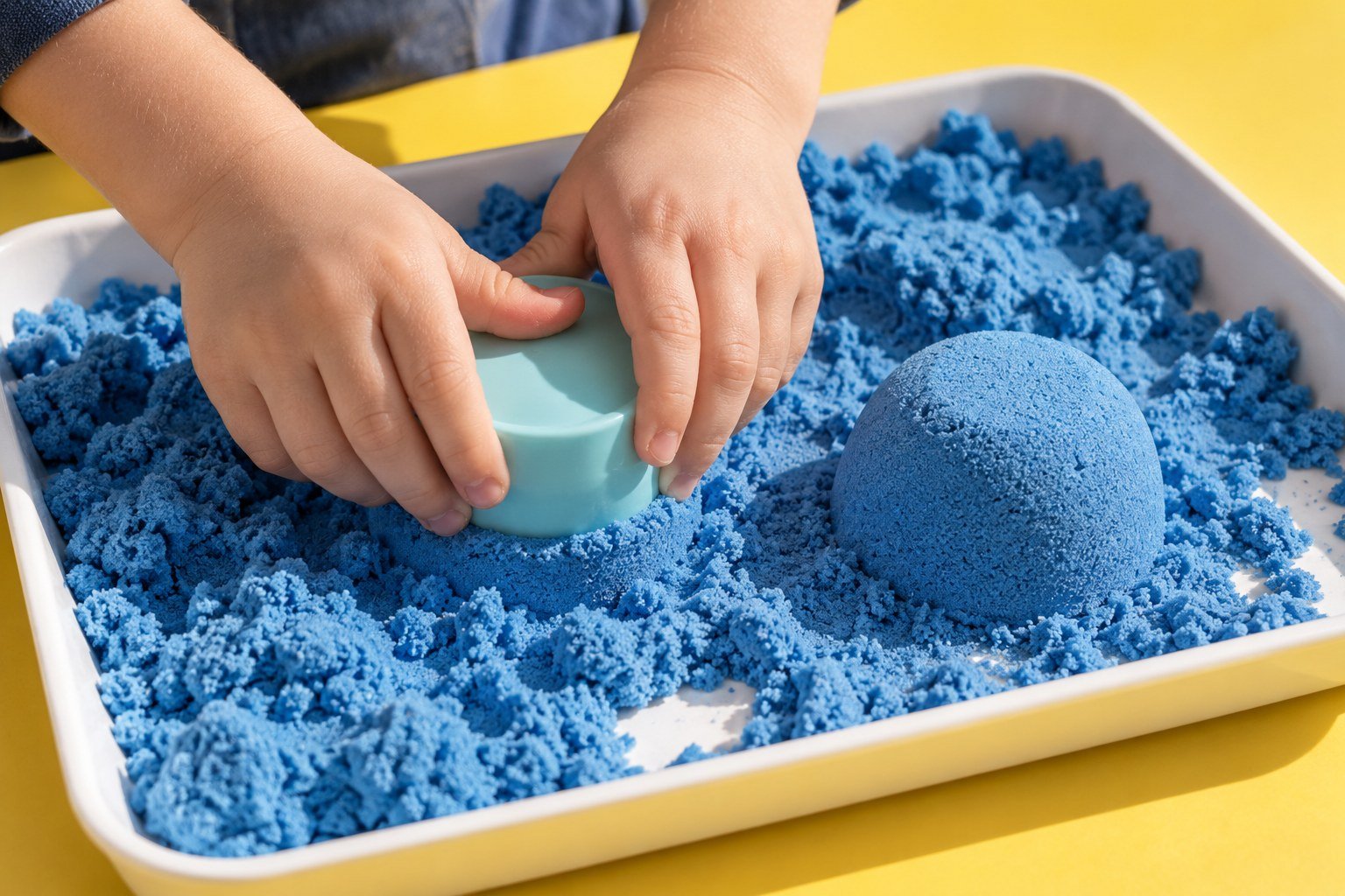 A child making shapes with blue kinetic sand in a tray