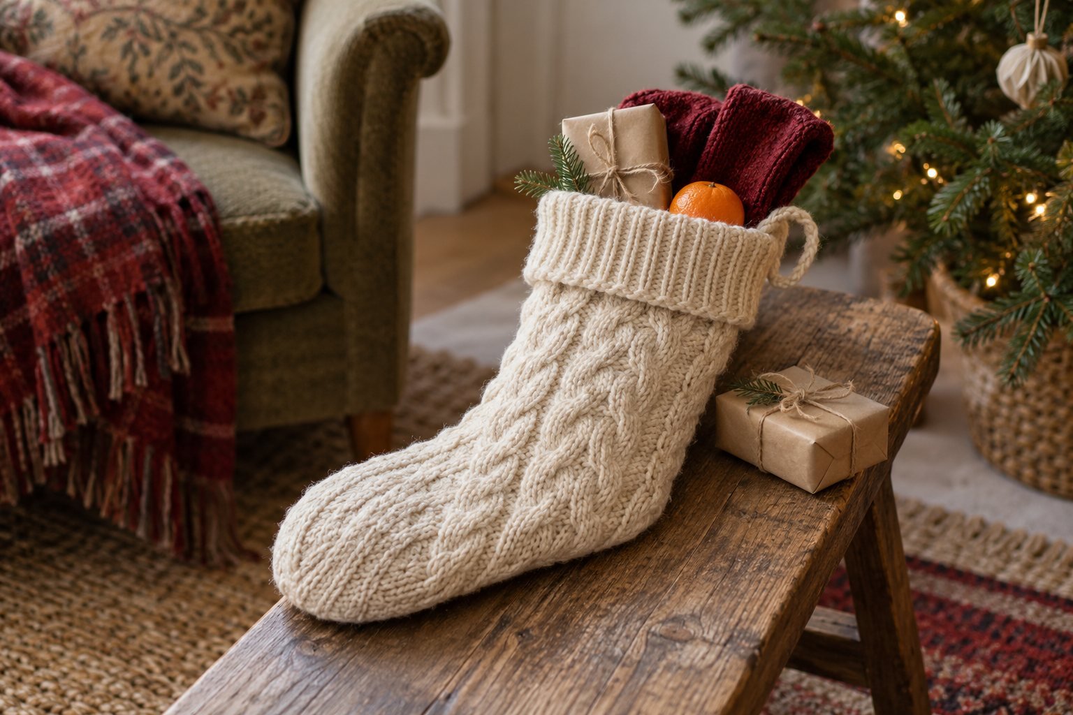 A cream knitted Christmas stocking filled with a small parcel, burgundy socks and a clementine