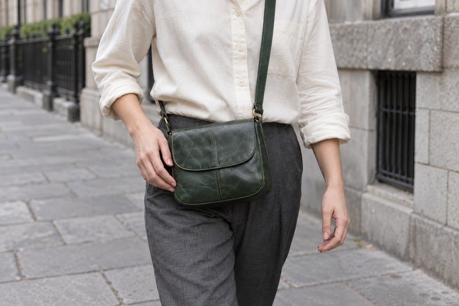 A green leather crossbody bag worn on a city pavement