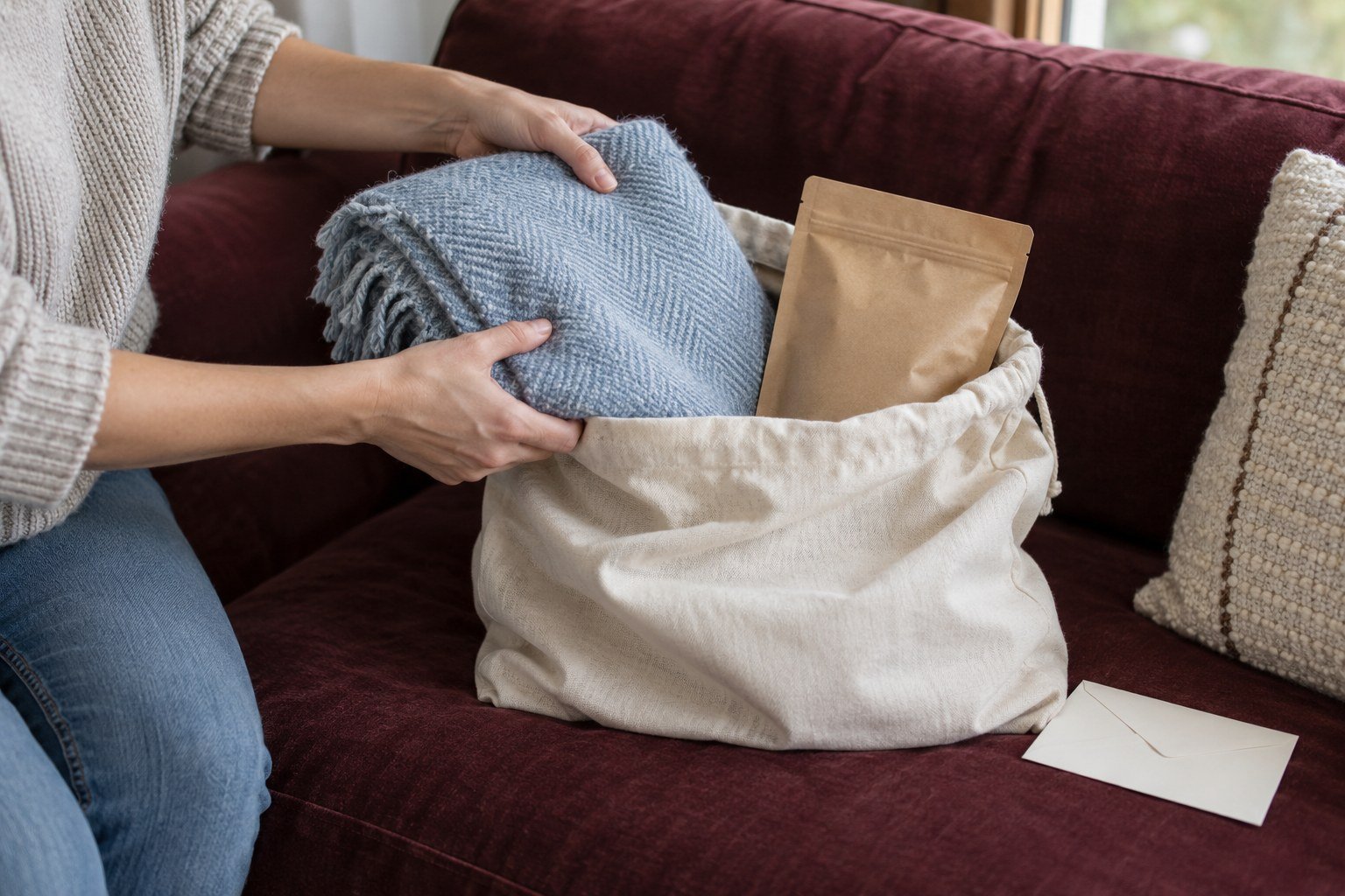 A cotton throw and tea packed into a small care bag