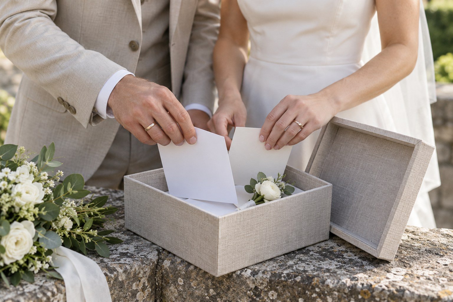 Newlyweds putting wedding cards and a boutonniere into a keepsake box