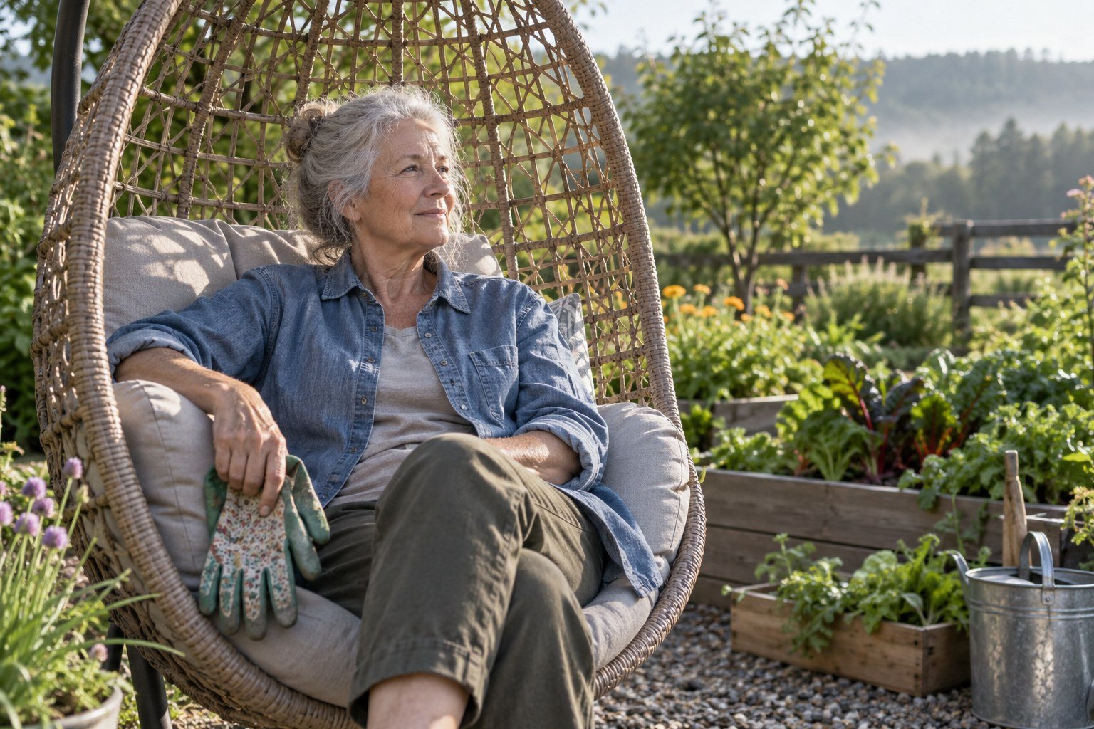An older adult relaxing in a garden swing chair beside raised beds